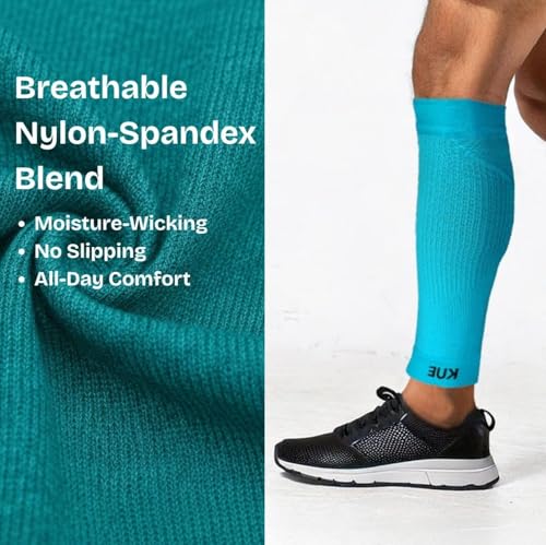 Image of KUE Compression Calf Sleeves for Running, Sports, & Medical Recovery | Graduated Support for Men & Women | Improves Blood Circulation, Reduces Swelling, Pain Relief | UV Protection (Blue, 2 Pairs, M)