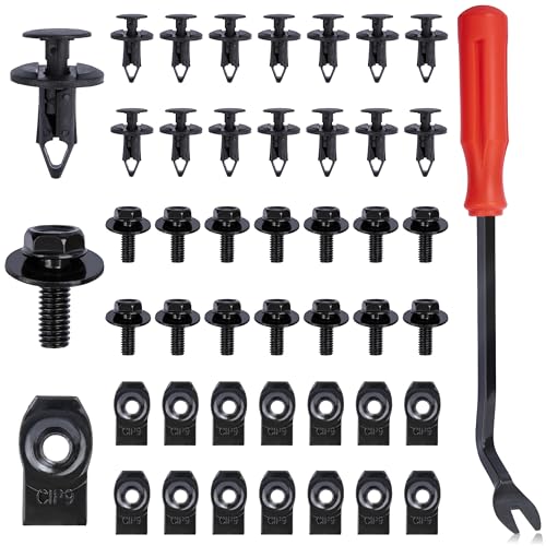 45PCS Engine Under Cover Splash Shield Guard Body Bolts Screws Universal Style Bumper Fender Liner Push Retainer Fastener Rivet Clips with Tool Compatible with Most Brand of Vehicles (Black)