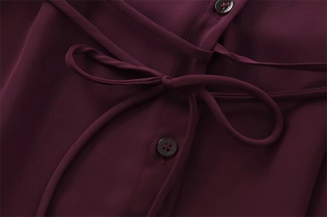 Camicia a maniche lunghe con scollo a V a maniche lunghe da donna tinta unita casual con decorazione a fiocco camicia
