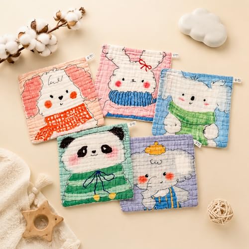 Image of Little Boo Muslin 6 Layer Organic Cotton Face Towel for Newborn Baby, Baby Bath Towel Wipes Extra Soft Hankies Handkerchief for Kids, Reusable Napkins for Toddlers Kids (Pack of 5) -Digital Print