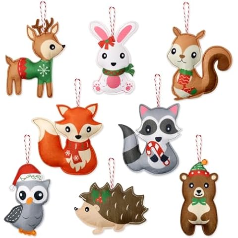 Levfla 8PCS Woodland Felt Forest Animals Spring Plush Hanging Decorations Double-Sided Design for Woodland Nursery Baby Shower Party Supplies Holiday Christmas Tree Table Centerpieces Cover