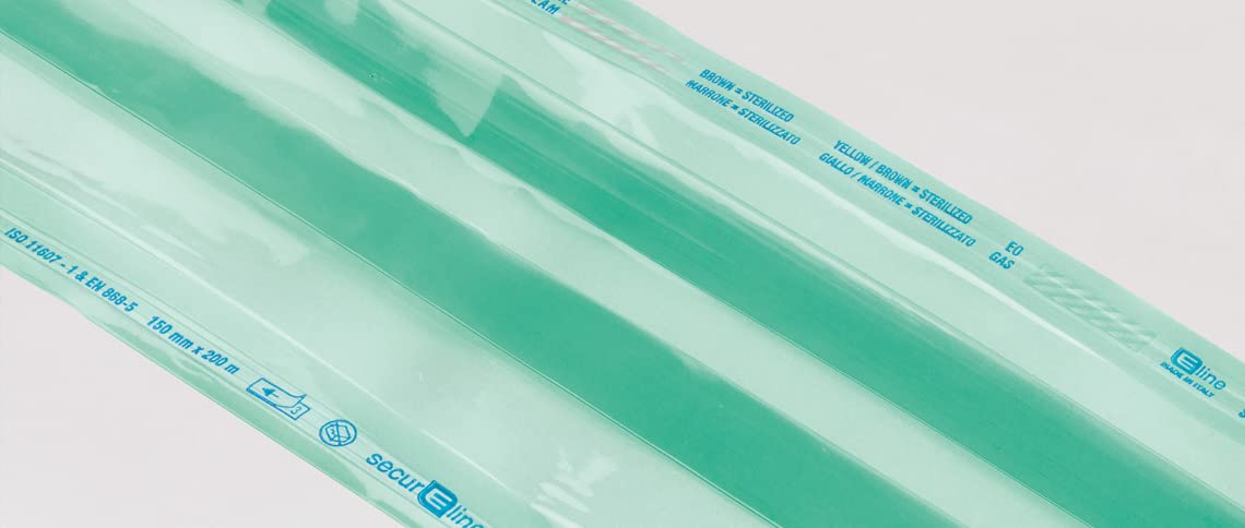 Eline - Gaines Gusset pour Stérilisation à la Vapeur ou ETO en Papier Kraft et Film Médical Soudure Latérale Renforcée, Indicateurs Colorés, Mesures 300 x 40 mm, 1 Rouleau de 100 m