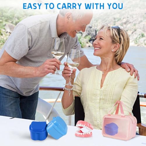 Image of KISEER Denture Bath Case Cup Box Holder Storage Soak Container with Strainer Basket for Travel Cleaning (Blue)