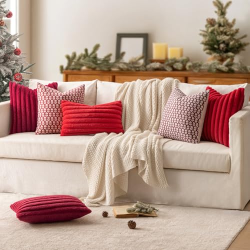 Image of MIULEE Faux Fur Decorative Throw Pillow Covers 12x20 Set of 2 Red | Modern Spring Home Decor Soft Plush Couch Pillows Cozy Fluffy Cushion Covers for Sofa Bed Living Room
