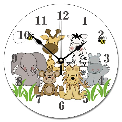ArogGeld Jungle Animals Wall Clock Baby Nursery Kids Room Wood Clock 10 Inch Silent Non-Ticking Wooden Wall Clocks Battery Operated Living Room...