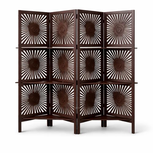 Image of Wooden Room Divider 6 Feet, 4-Panel Folding Wooden Partition for Living Room, Office, Pooja Room, Restaurant, Kitchen & Balcony (2W x 1.82H Meters). (Brown-Shelves)