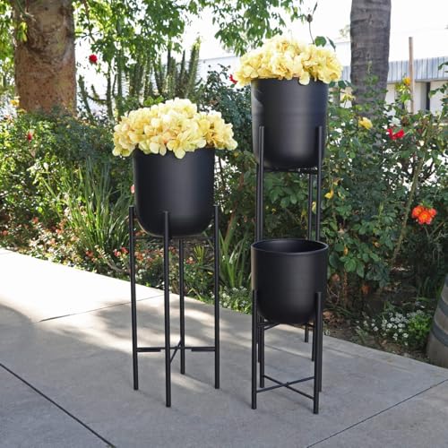 Image of Bee Creative Metal Floor Plant Pot Set of 3 Ideal for Indoor Outdoor Home Decor Round Planter with Metal Plant Stand