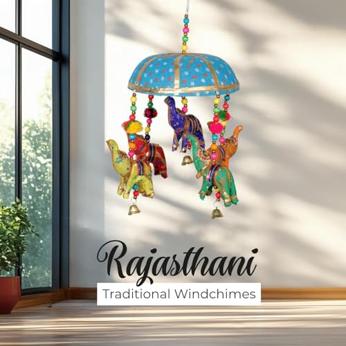 Image of Rajasthani Multicolor Elephants Jhoomer with Bell - Decorative Wind Chimes for Door & Wall Hanging, Ideal Home Decor & Gift Showpiece (Sky Blue)
