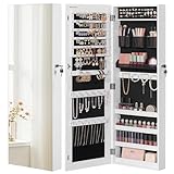 SONGMICS Schmuckschrank hängend, Hängeschrank, abschließbarer Spiegelschrank, Wandschrank mit rahmenlosem Ganzkörperspiegel und 2 separaten Make-up-Organizern, für Ketten, Ohrringe, weiß JJC001W01