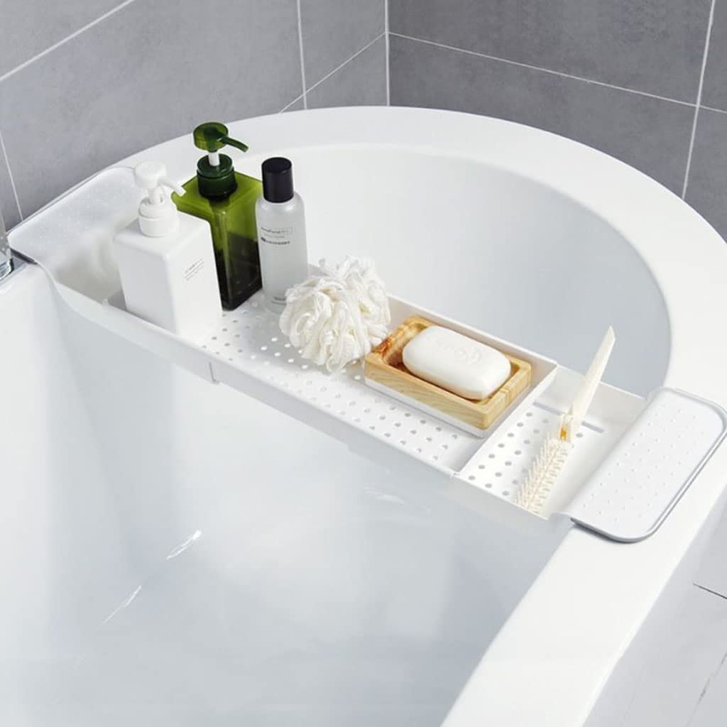 AXUYU Bathtub Caddy Tray, Expandable Bath Shelf, Adjustable Size from 21.9 to 31 inches Plastic Bathtub Storage Rack, Bathtub Accessories & Bathroom Gadgets, Bath Tub Tray for Kitchen Bathroom (White)