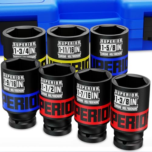 Image of 7 Piece 1 /2 inch Drive Impact Socket Set, 1-3 /8 inch - 1-3 /4 inch Axle Nut Socket, SAE, CR-MO, 6 Point, Large Equipment Maintenance, Home Repair, Car Repair and More