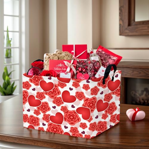 Image of Valentine's Day Basket for Gifts Empty Cute Heart Large Gift Basket Decorative Storage Bin for Kid and Baby Room Decor (Red Love Rose)