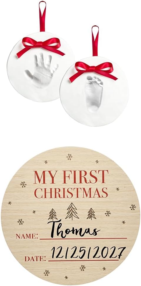 Bundle of Pearhead Babyprints Baby's First Handprint or Footprint Ornament Kit, Pack of 2 + My First Christmas Photo Prop Sign
