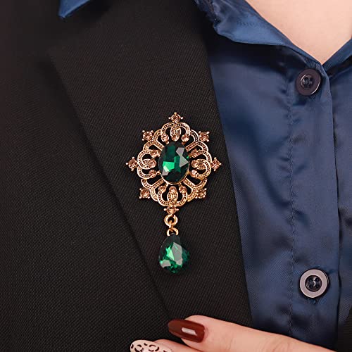 Image of Kercisbeauty Wedding Brides Groom Brooches Emerald Green Crystal Gold Brooch Pin Unisex Jewelry for Special Occasion (Green)