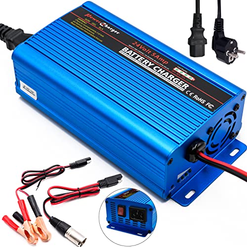 Cargador de batería de 24 voltios Mantenedor de Cargador de batería Totalmente automático Inteligente Cargador Lento Cargador de 5 amperios Conector de cocodrilo XLR de 3 Pines con Interruptor de E/S