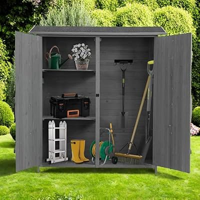 NicBex Outdoor Shed Outdoor Storage Box Outdoor Storage Shed with Lockable Door, Wooden Tool Storage Shed w/Detachable Shelves & Pitch Roof, 56" L x 19.5" W x 64" H, Aqua Grey