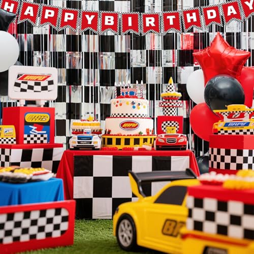 Image of Race Car Birthday Party Decoration, Including 2 Pack Black Silver Checkered Streamers, 22pcs Race Car Party Balloons & 1pcs Race Car Birthday Banner for One Happy Dude Race Car Theme Party Supplies