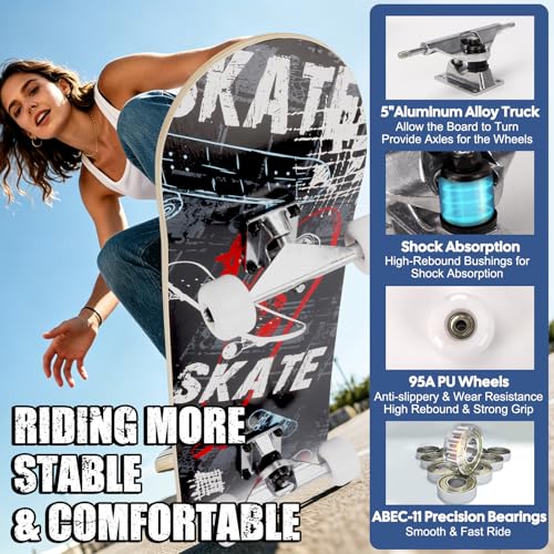 Image of Skateboards for Beginners Adults Youths Teens Kids Girls Boys 31 Inch Pro Complete Skate Boards 7 Layer Canadian Maple Double Kick Concave Longboards