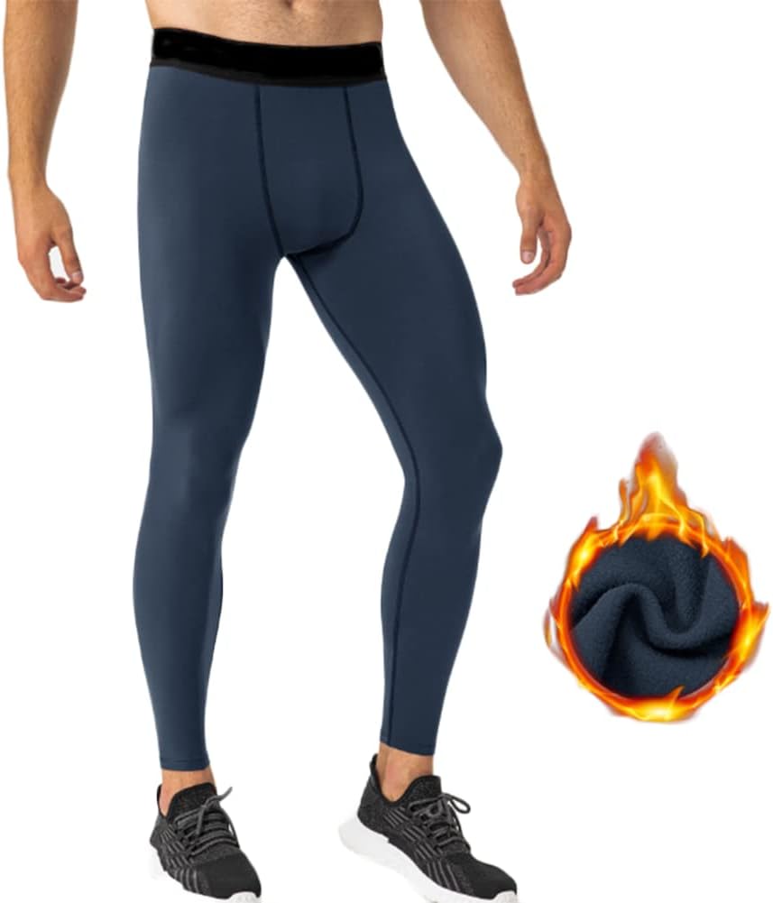 HSQSMWJ Men's Thermal Fleece Lined Long Johns Leggings Compression Tight Pants Running Cycling Basketball Soccer
