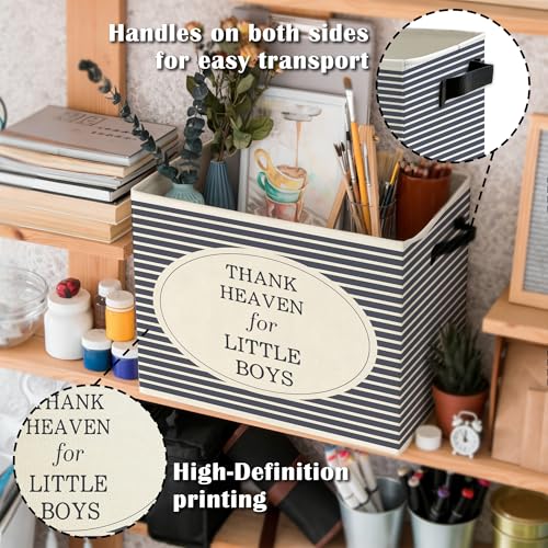 Image of Boy Nursery Storage Bins Box with Handles, Thanks Heaven for Little Boys Blue Striped Collapsible Basket Organizer for Baby Boys Toddler Kids Room Bedroom Bathroom Books Clothes