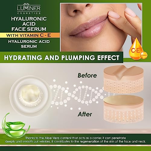 Luminer Hyaluron serum 100ml, Vitamin-C Serum Gesicht, natürlich Anti-Falten-Formel mit Schneckenschleim, Aloe Vera, Vitamin C-E, feuchtigkeitsspendende aufpolsternd hyaluronsäure Serum made in Italy