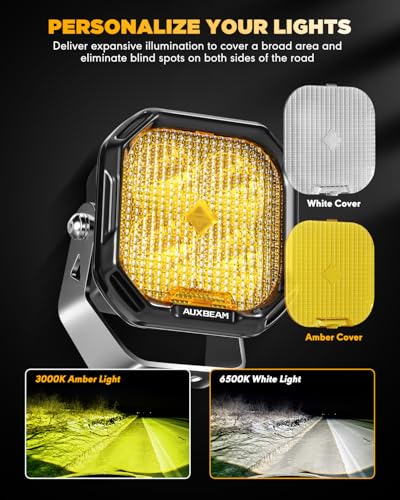 Image of Auxbeam Color Play 3 inch LED Pods 11600LM Flood Beam Offroad Driving Lights | White DRL / Amber Turn Signal, 100W Ultra Bright, 120 Wide Flood, IP68 Waterproof, for Jeep ATV UTV Truck, Swap Covers