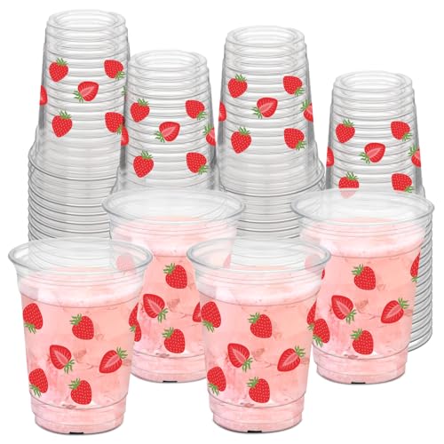 HYMENEX 50Pcs Strawberry Plastic Cups 12oz Strawberry Flower Clear Cup Pink Strawberries Party Drinking Cups for Spring Summer Fruit Birthday Party Decor Supplies