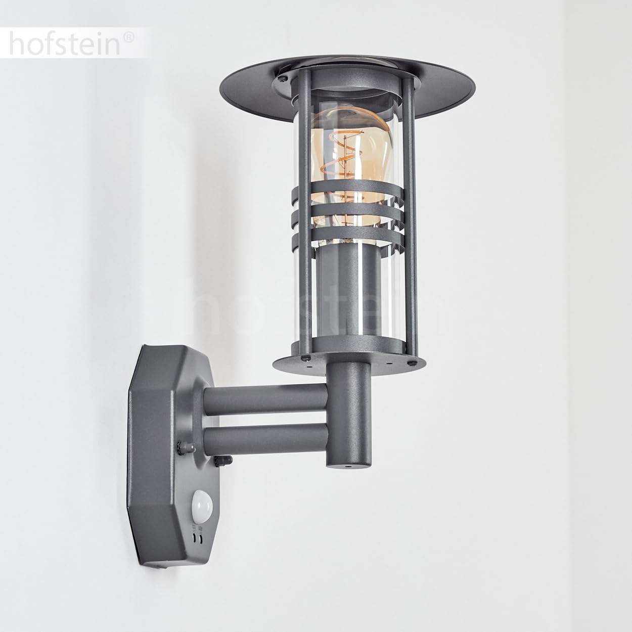 Zewnętrzna lampa ścienna Forli, lampa ścienna z czujnikiem ruchu wykonana z metalu/szkła w kolorze antracytowym/przezroczystym, lampa ścienna z kloszem wykonanym ze szkła/patio, E27, bez żarówki, IP44