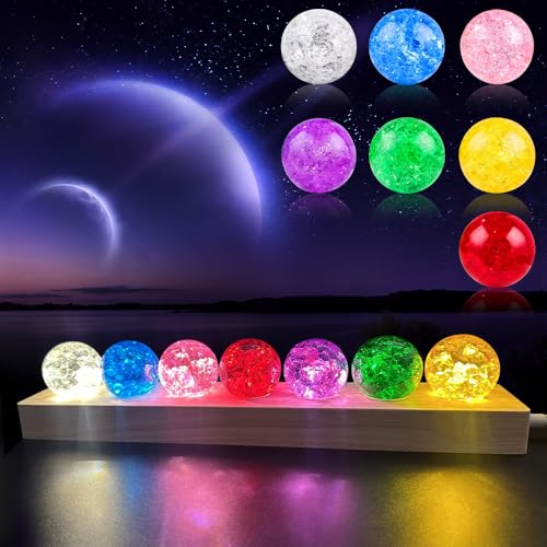 BIZOI 7 Bunte Kristallkugel Nachtlicht, 3D Kristallkugel Nachtlicht, 40mm Glaskristallkugeln mit LED Holzsockel, Dekorative Bunte Kristallkugel für Wohnzimmer Schlafzimmer Nachtlicht Ornamente