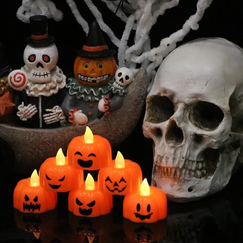 Image of Halloween Flameless Candles with 6H Timer, Pumpkin Tea Lights with Ghost Face Flickering, LED Candles Battery Operated Fall Decor 6 Pack Φ 1.9 inch H 1.6 inch for Halloween Decorations