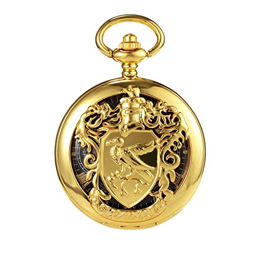 Image of TREEWETO Men's Retro Double Open Skeleton Mechanical Roman Numerals Shield Pocket Watch with Chain for Men Women