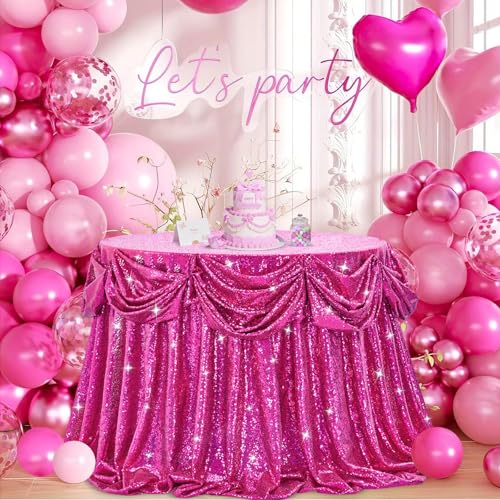 Image of B-COOL Round Sequin Tablecloth Party Decorations: 120 Inch Fuchsia Table Cloth Glitter Fabric Overlay for Indoor Outdoor Dining Parties Home
