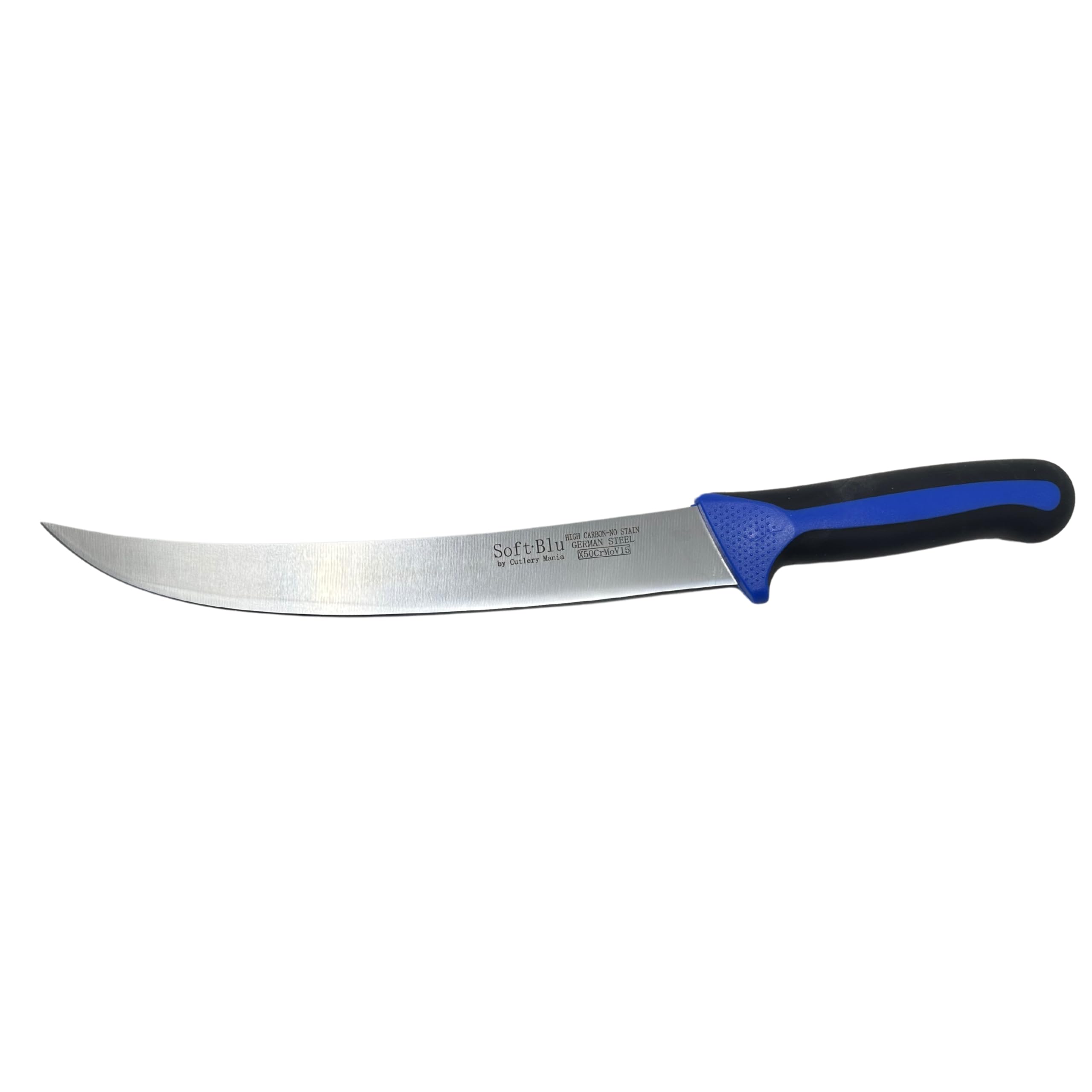 Cutlery Mania SoftBlu Kitchen Knife | German X50CrMoV15 Stainless Steel | Non-Slip Soft Grip Handle | For Home & Professional Use (10 inch Breaking Knife, Curved)