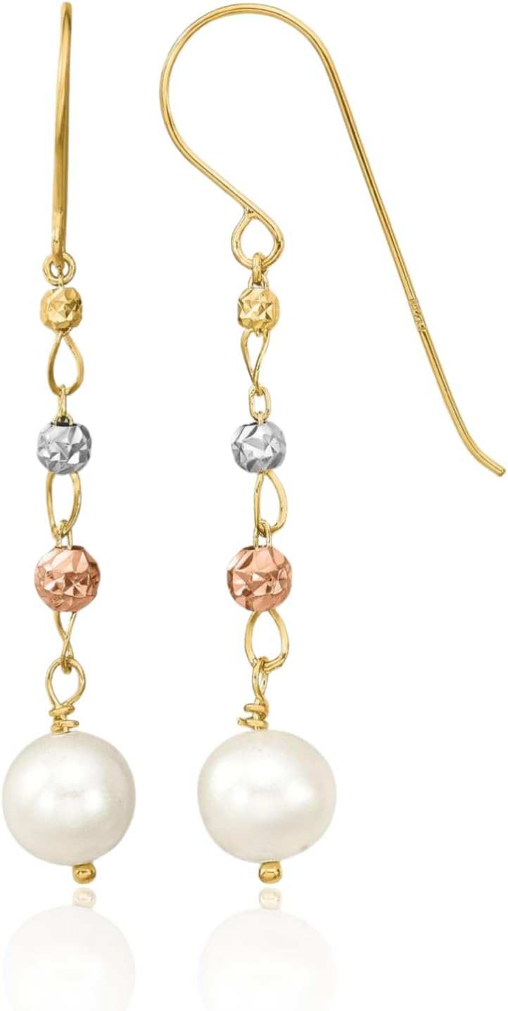 IceCarats 14K Solid Two Tone Gold 6mm Freshwater Pearl Large Dangle Earrings Prong Set, Shepherd Hook, Diamond Cut For Her
