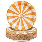CENLBJ Orange Party Paper Plates,50-Pack,Disposable Paper Dessert Plates,Gold Foil Scalloped Edge, Striped Pastel,For Birthday,Thanksgiving,Halloween,Fall Parties(7 inch)