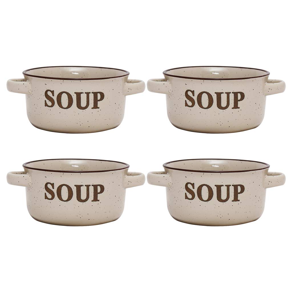 Dibor Set of 4 Ceramic Beige Stoneware Soup Bowl Dishes with Handles