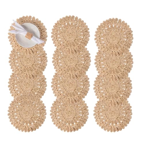 Image of Laquedecraft 15 inch Set of 12 Round Corn Husk Placemats | Boho Woven Rattan Table Mats | Farmhouse Wicker Spring Plate Chargers Like Water Hyacinth, Seagrass for Wedding, Party, Christmas, Events