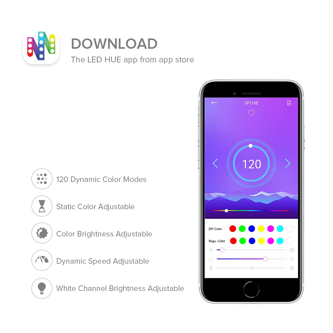 SEZO WS2812B WS2811 LED Controller Support All LED Strip/Module Light/Panel/String iOS Android App Wireless Remote Control for SK6812 SK6812-RGBW Dream Color RGB LED Strip (SP110E)