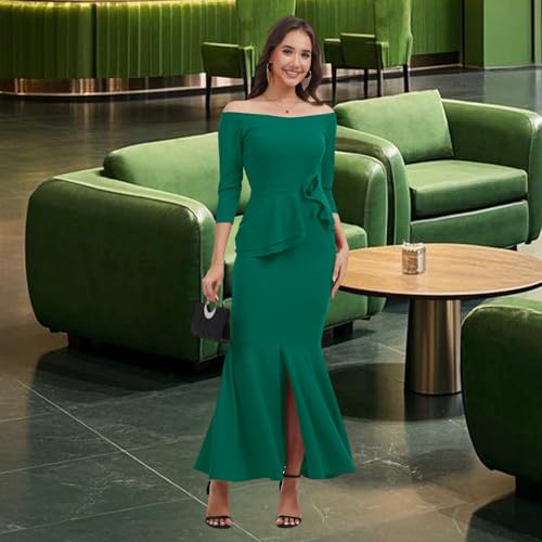 Image of Women's Elegant Formal Mermaid Maxi Dress Off Shoulder Long Sleeve Wedding Split Evening Gown Prom Cocktail Party Dresses