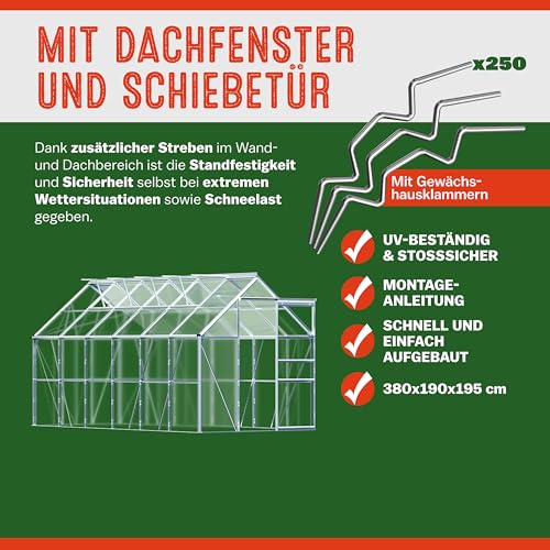Gardebruk® Aluminium Gewächshaus 7,2m² 380x190cm inkl. 4 Dachfenster Treibhaus Garten Frühbeet Pflanzenhaus Aufzucht 11,73m³ – Bild 5