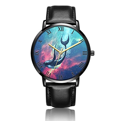Whiterbunny Customized Blue Mermaid Wrist Watch Unisex Analog Quartz Fashion Black Leather Strip/Black