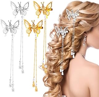 Sibba 4 Pcs Butterfly Hair Clips Pins, Alloy Glitter Barrettes Tassel 3D Moving Butterfly Hairpins French Side Hollow Metal Cute Clip for Women Girls Wedding Hair Fashion Accessories (Gold + Silver)