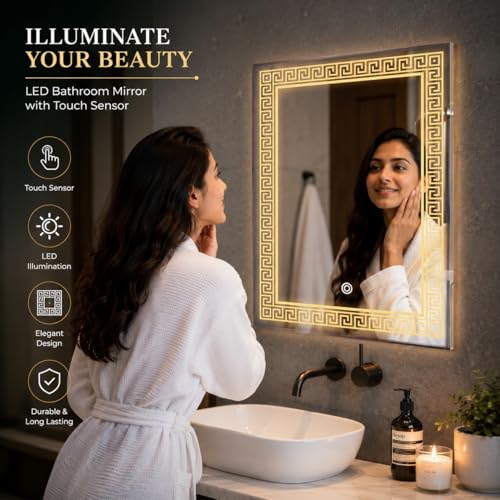 Image of LED Bathroom Wall Mirror with Decorative 3 Light Design | Touch Sensor | Warm | Natural and Cool White | for Wash Basin | Bedroom | Dressing Area Decoration (Portrait, 18x24)