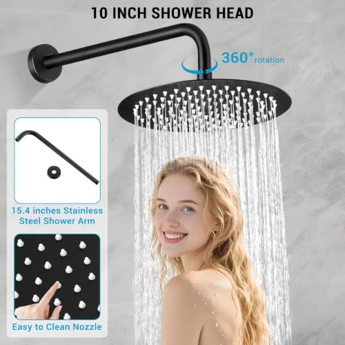 Juego de grifería para ducha de pared de 10 pulgadas, acabado negro mate, cuerpo de válvula | Acero inoxidable 304 resistente a la corrosión, tecnología Air Tech que aumenta la presión un 50 %, diverter de 2 funciones, conexión NPT 1/2 miniatura 4