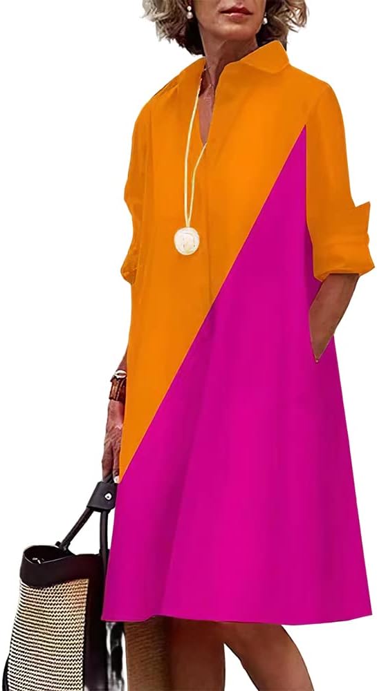 Womens Linen Long Sleeve Simple Printed Button Down Shirt Dress Plus Size Loose Shirt Dresses for Women with 2 Pockets