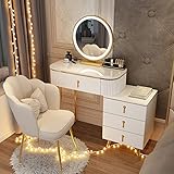 Grand espace de rangement : les cosmétiques désordonnés rendent-ils votre coiffeuse horrible ? Le miroir de courtoisie avec table et chaise éclairées dispose de 4 à 5 tiroirs spacieux, d'étagères ouvertes et d'étagères cachées offrant un grand espace de rangement pour exposer des cosmétiques, du parfum, du vernis à ongles et des pinceaux de maquillage.