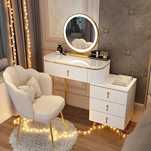 Mesa de tocador LED de maquillaje con espejo regulable de 3 colores, cajones, taburete acolchado, perfecto para decoración del hogar, dormitorio y oficina (borde gris)