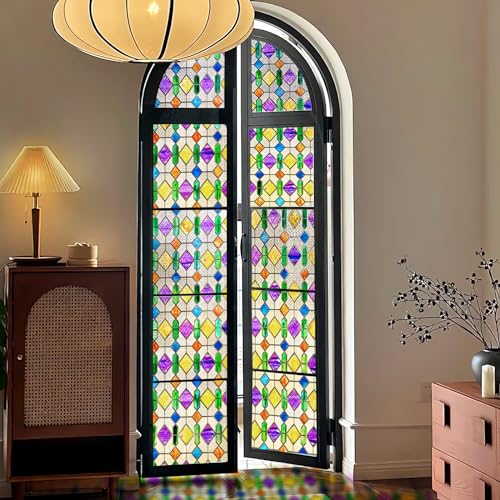 Windimiley Stained Glass Window Privacy Film: 3D Colorful Geometric Decorative Bathroom Frosted Window Clings Sun Heat Blocking Window Tint For Home Non Adhesive Door Covering thumb #4
