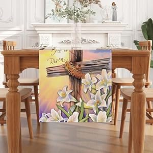Linen he is risen easter table runner 72 inches long he is risen easter decor religious jesus easter spring summer home kitchen dining room table decorations  urban country home decor