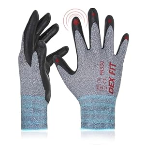DEX FIT Nitrile Work Gloves FN330, 1 Pair, 3D-Comfort Stretchy Fit, Firm Grip, Thin & Lightweight, Touch-Screen Compatible, Durable, Breathable & Cool, Machine Washable; Grey L (9)